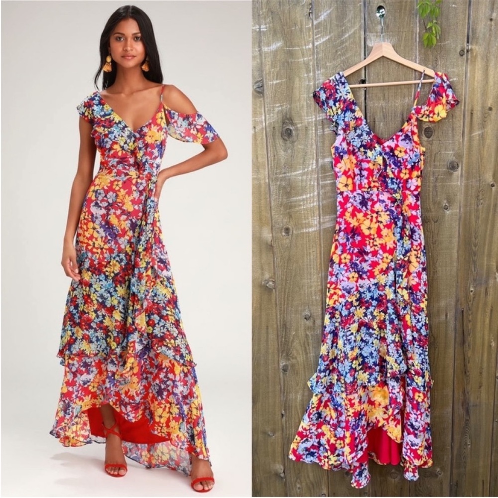 Red Radiant Ruby Floral Chiffon Asymmetric Dress 🌿